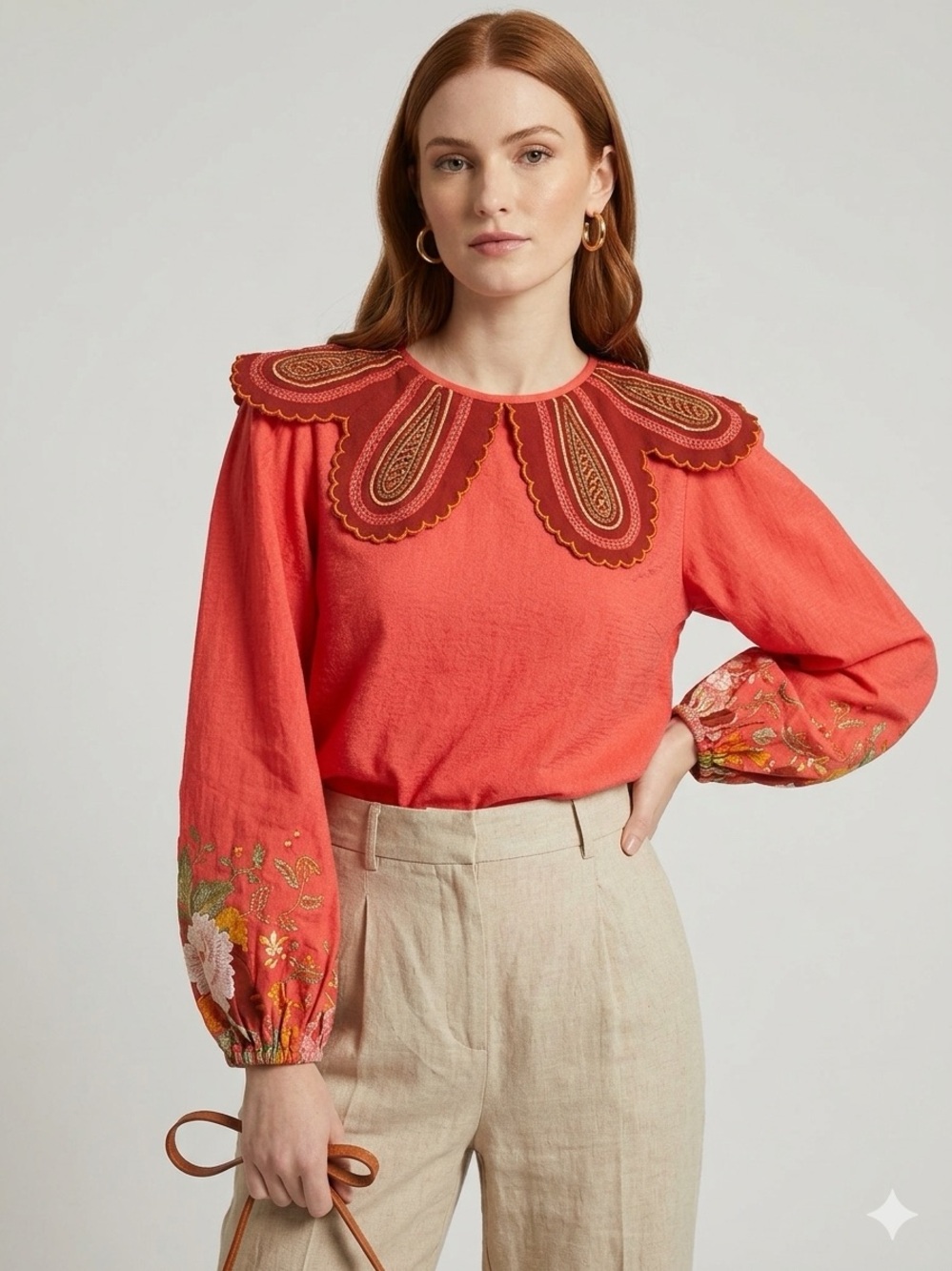 Womens Anthropologie Embroidered Peasant Tunic with Scalloped Yoke